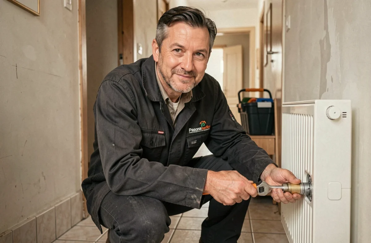 Artisan chauffagiste indépendant Rival Brice installant un robinet thermostatique dans un appartement