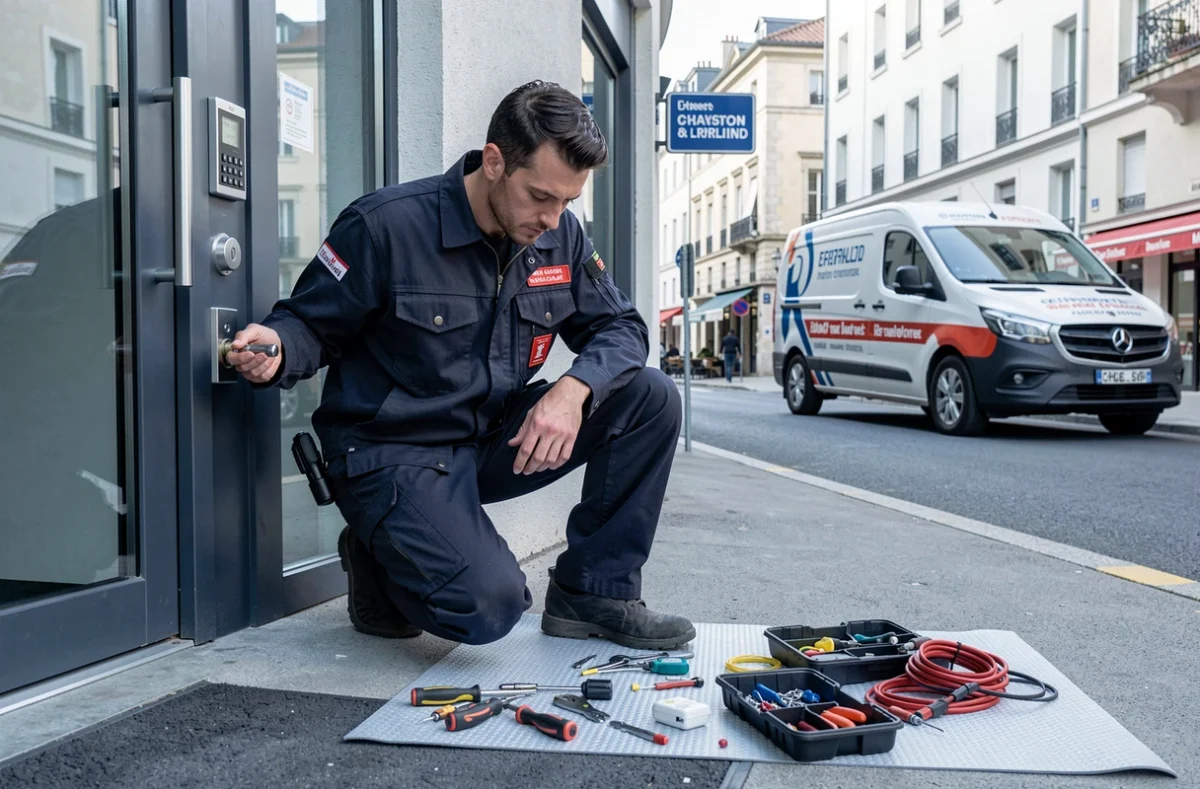 Technicien SAF Serrurerie Electricité travaillant simultanément sur un contrôle d'accès et une serrure de porte