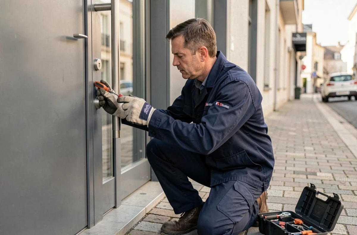 Technicien SAS Combelas installant une serrure haute sécurité sur une porte commerciale à Bordeaux
