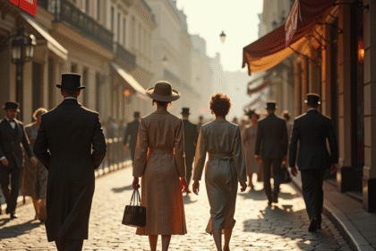 Scène de rue parisienne historique début 1900 avec élégants passants