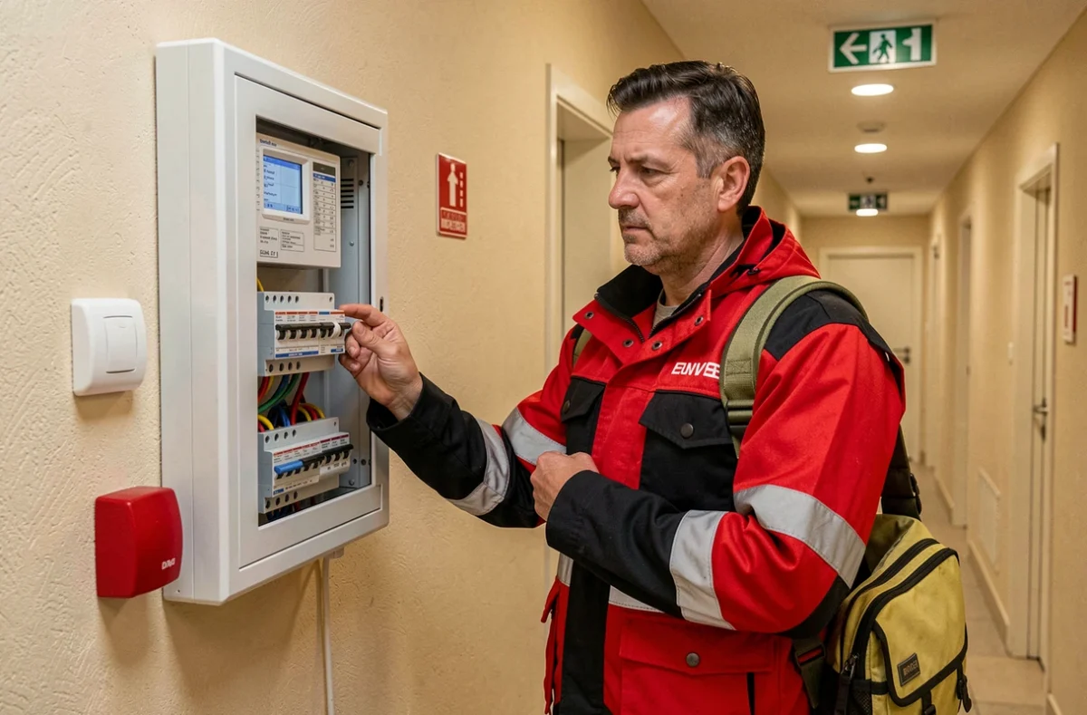 Électricien de Secourelec inspectant un système d'alarme incendie et de sécurité électrique dans le couloir d'un immeuble résidentiel
