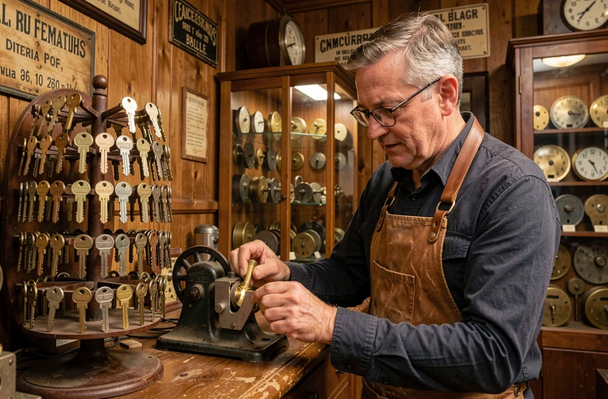 Artisan serrurier traditionnel en train de dupliquer une clé en laiton sur une machine de découpe ancienne