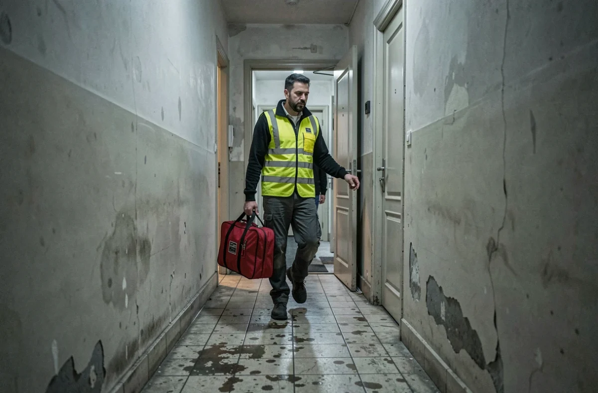 Serrurier de dépannage d'urgence arrivant rapidement dans un couloir d'immeuble résidentiel français