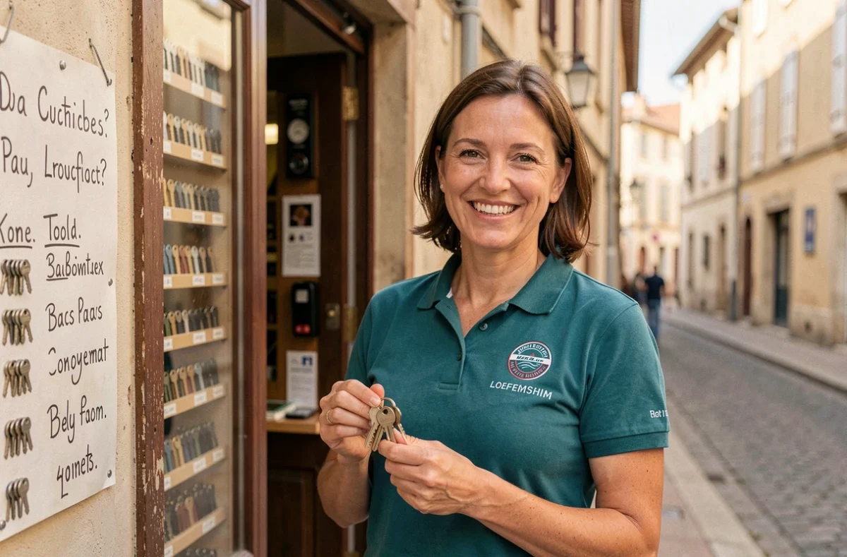 Serrurier souriante devant la boutique Les Clefs du Bonheur à Pau tenant des clés fraîchement taillées