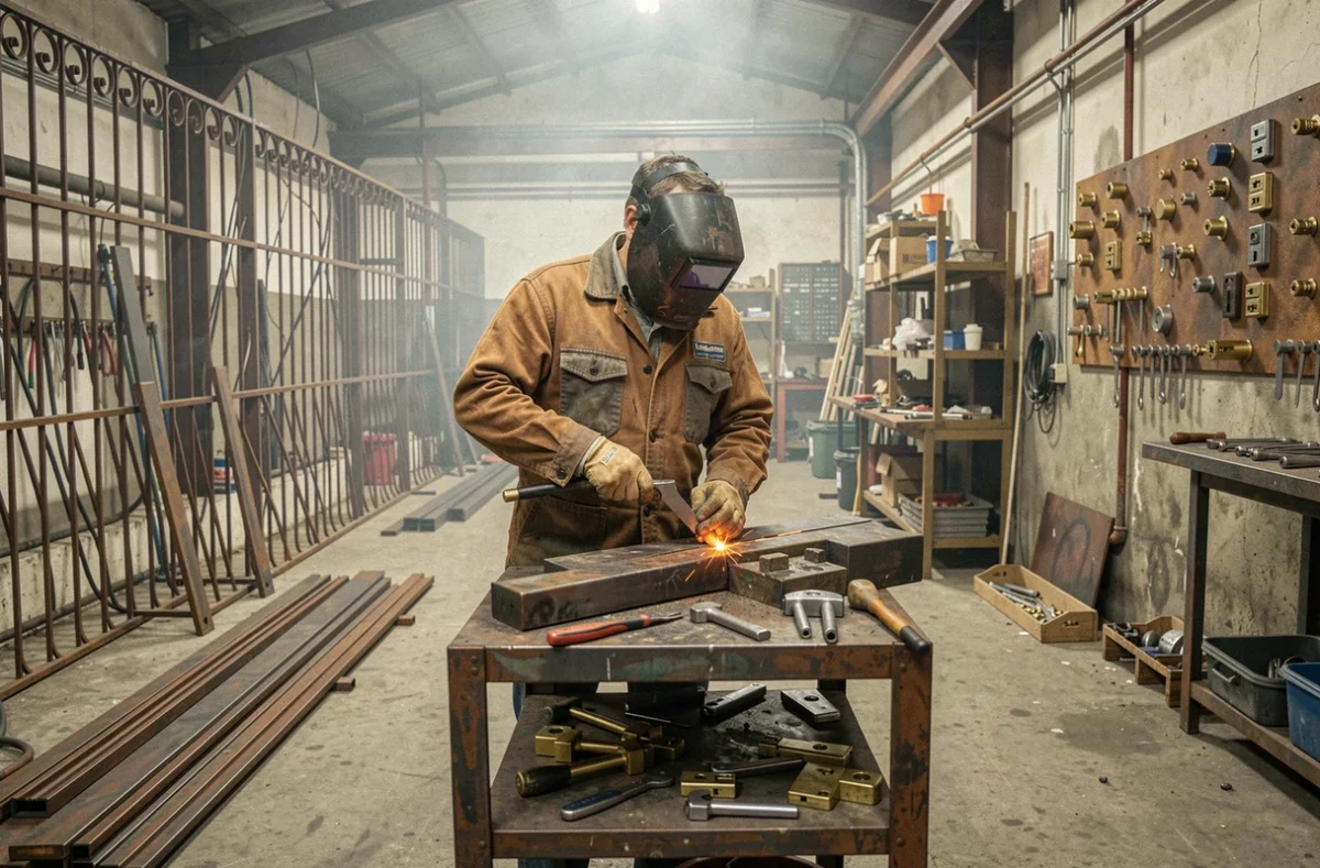Serrurier-métallier polyvalent dans son atelier industriel entouré de portails en fer forgé et de quincaillerie