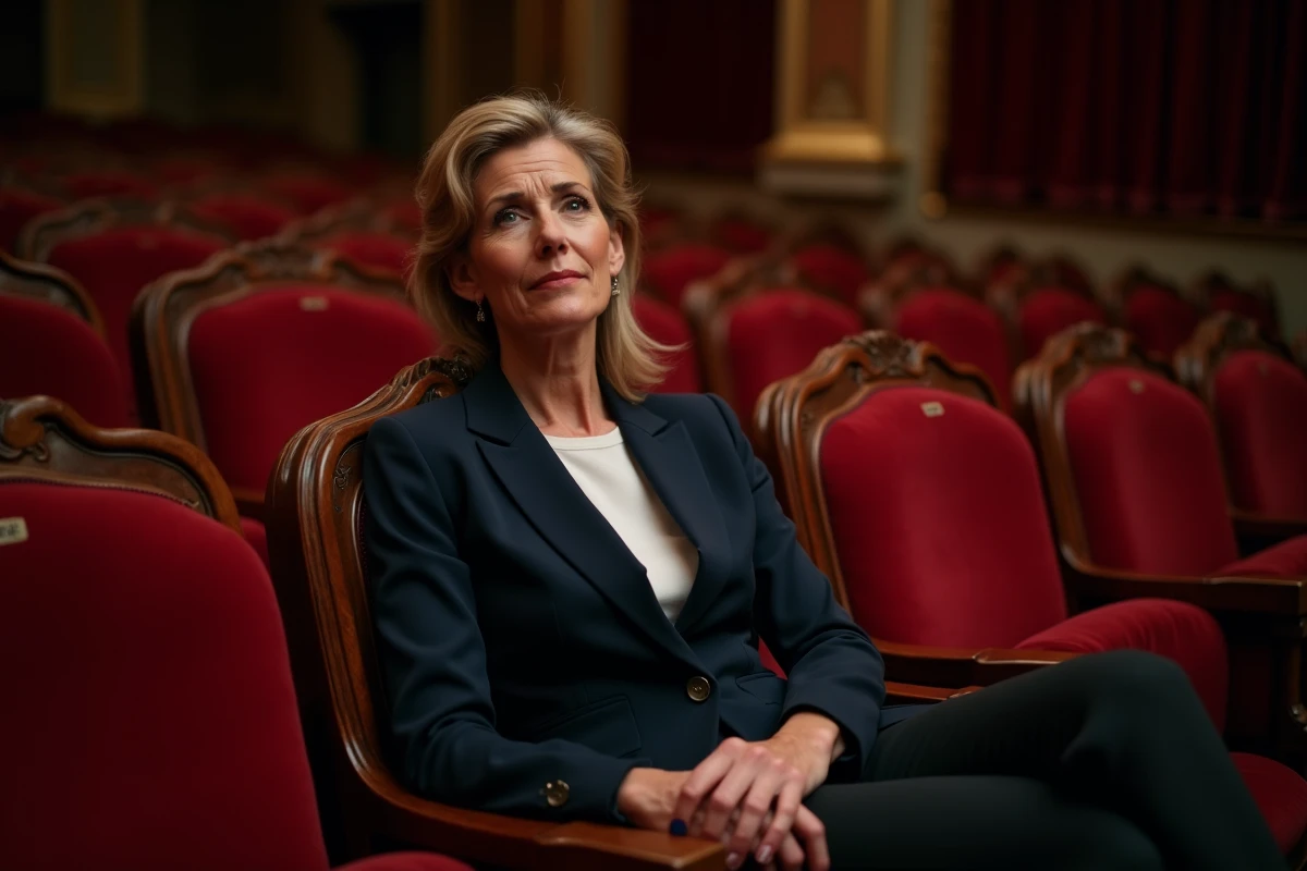 Femme assise au parterre d'un théâtre classique parisien examinant la scène depuis un siège en velours de l'orchestre
