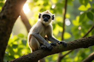 Singe langur assis sur une branche en forêt indienne