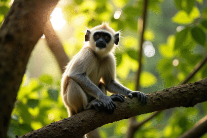 Singe langur assis sur une branche en forêt indienne