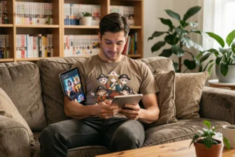 Jeune homme regardant One Piece en streaming légal sur une tablette depuis son canapé