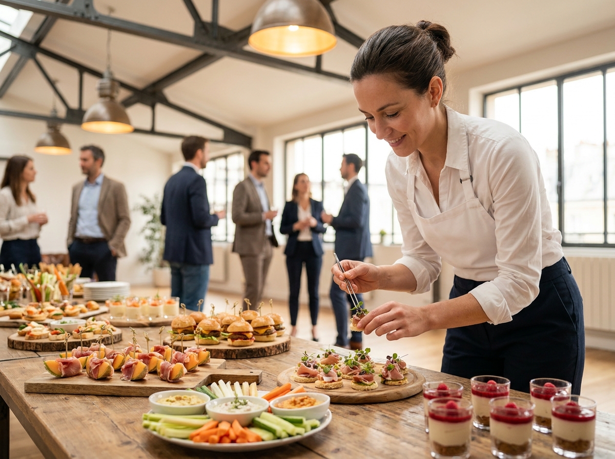 Table de buffet traiteur soigneusement dressée pour un événement d'entreprise à Paris avec des mets raffinés