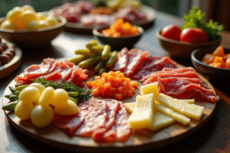 Table de raclette bien dressée avec charcuterie et légumes
