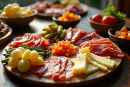 Table de raclette bien dressée avec charcuterie et légumes
