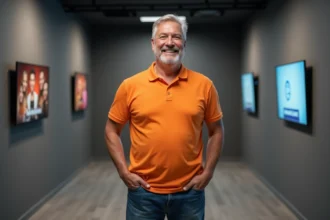 Portrait d'un animateur télévision français grand et souriant en coulisses d'un studio TV, illustrant la taille et la stature physique de Vincent Lagaf