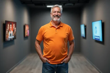 Portrait d'un animateur télévision français grand et souriant en coulisses d'un studio TV, illustrant la taille et la stature physique de Vincent Lagaf