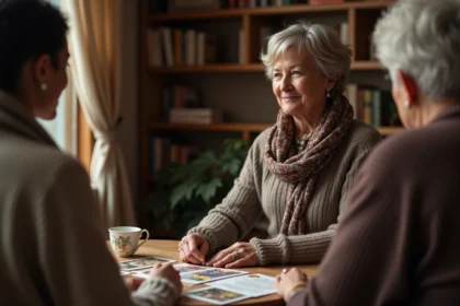 Femme méditative avec tarot face à un client