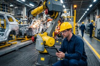 Technicien de maintenance industrielle effectuant un diagnostic numérique sur un bras robotisé en pleine production en usine