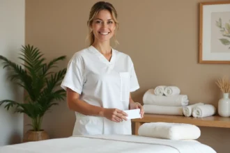 Thérapeute professionnelle en blouse blanche tenant une carte de visite dans un studio de massage bien aménagé
