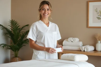 Thérapeute professionnelle en blouse blanche tenant une carte de visite dans un studio de massage bien aménagé