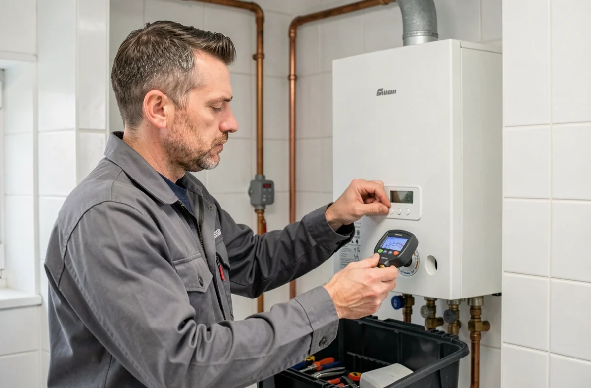 Technicien de Thermi Tec effectuant l'entretien d'une chaudière à Saint-Jean-Bonnefonds