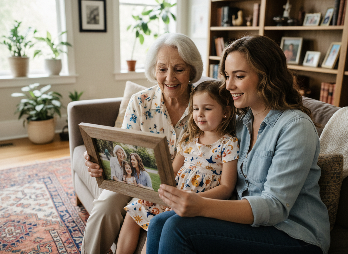Trois générations regardant un cadre photo dans le salon