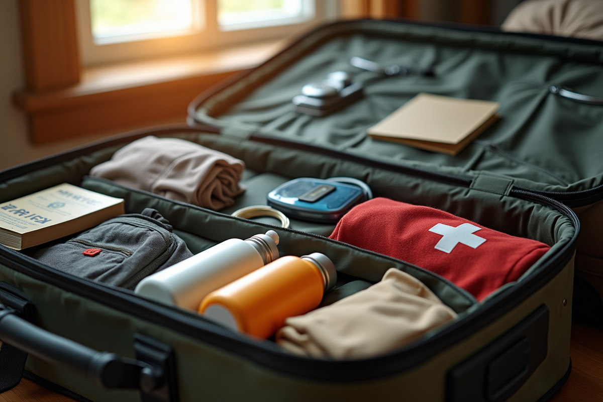 Valise ouverte avec équipement de safari à l