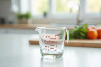 Verre mesureur rempli à 40 ml sur plan de cuisine lumineux