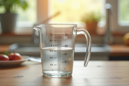 Verre mesure rempli d'eau sur plan de cuisine lumineux