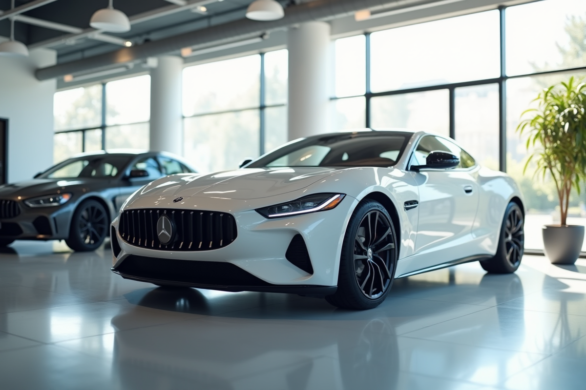 Voiture moderne dans un showroom lumineux et minimaliste