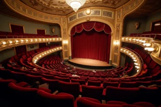 Vue depuis le balcon d'un grand théâtre parisien classique avec rangées de sièges en velours rouge et scène dorée au loin