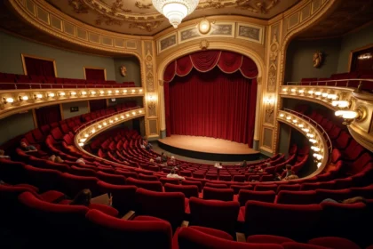 Vue depuis le balcon d'un grand théâtre parisien classique avec rangées de sièges en velours rouge et scène dorée au loin